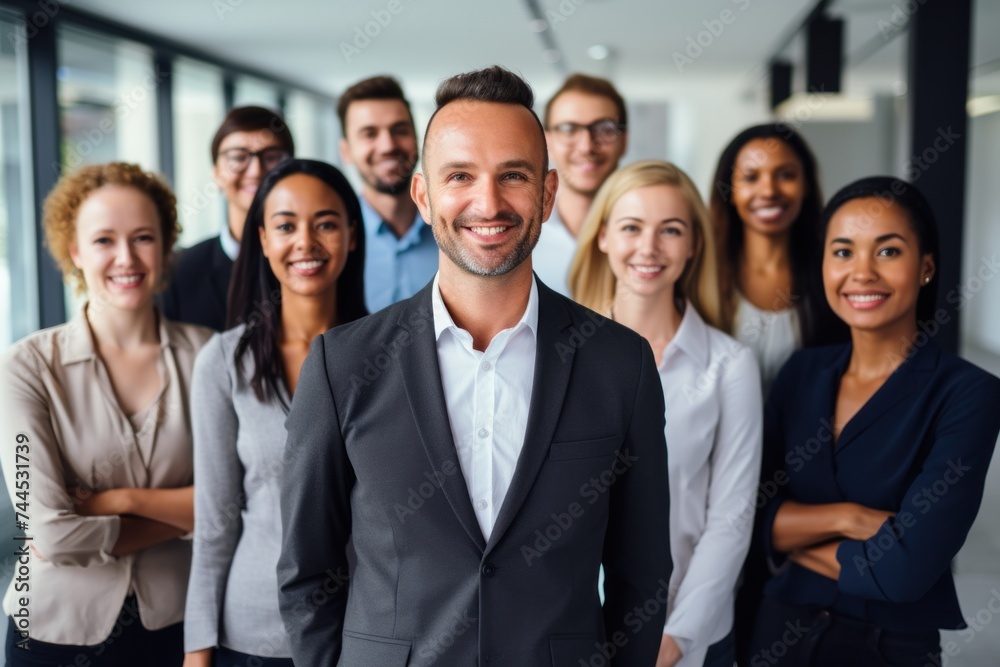 Group of coworkers standing in modern office for startup business