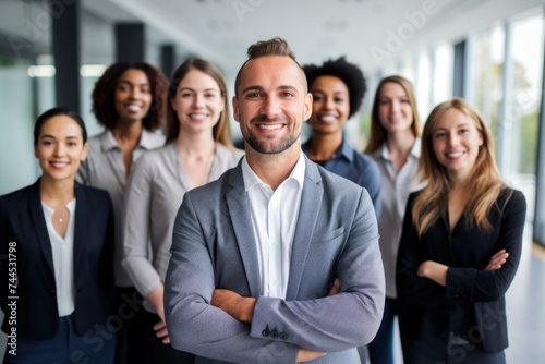 Group of coworkers standing in modern office for startup business