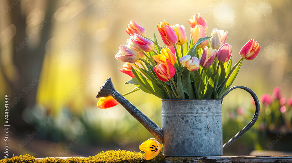 Beautiful spring bouquet of  tulips in a watering can on a blurred background