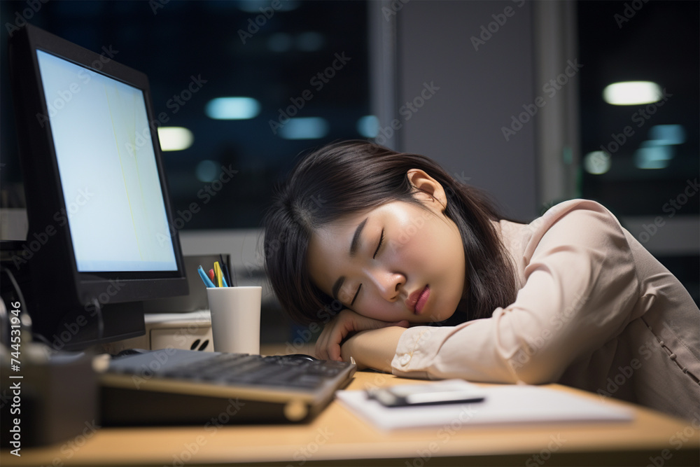 オフィスで仕事に疲れる若いビジネスウーマン オフィスで仕事に疲れる若いビジネスウーマン