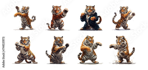 Tiger vector. Tiger as a professional dancer, dance, performance, artistic expression, rhythm, movement, stage presence, cute animal cartoon character illustration set