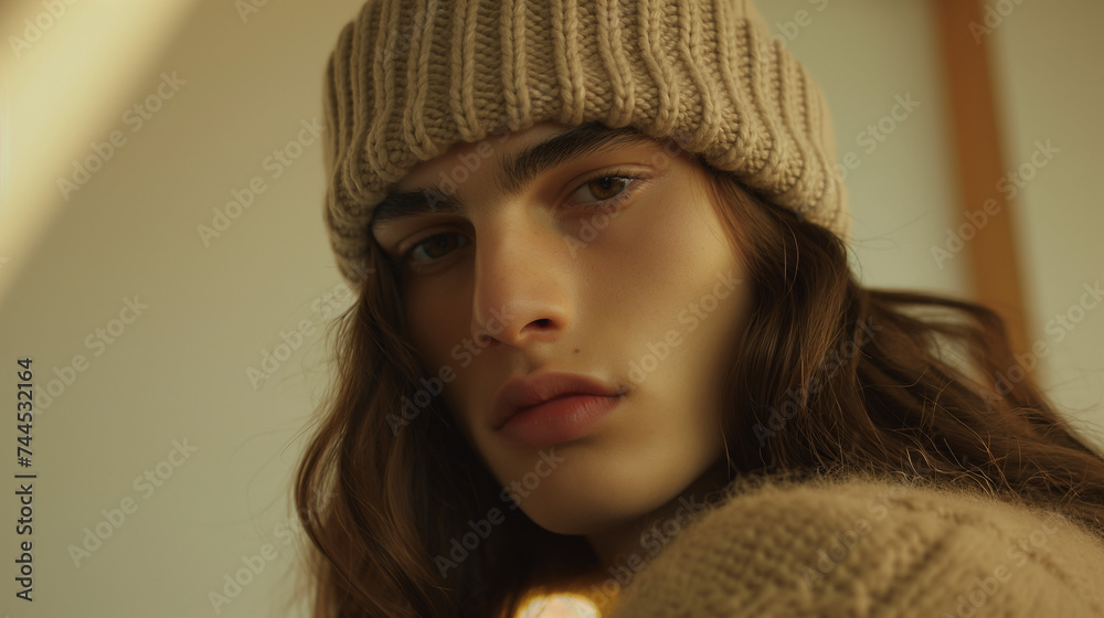 portrait of a young man wearing a beanie hat staring into the camera