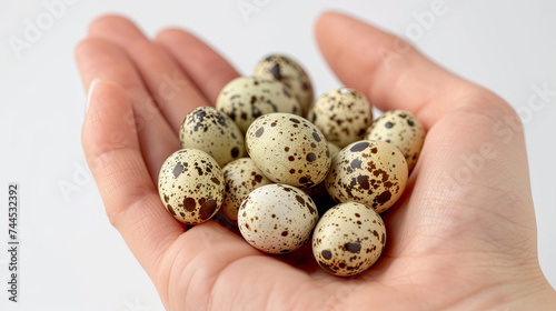 Small spotted quail eggs in hand on white isolated background