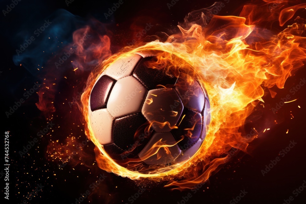 Naklejka premium Soccer ball with dimensional fire and sparks effect, black background.