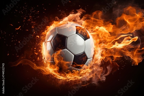 Soccer ball with dimensional fire and sparks effect  black background.