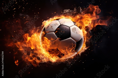 Soccer ball with dimensional fire and sparks effect  black background.