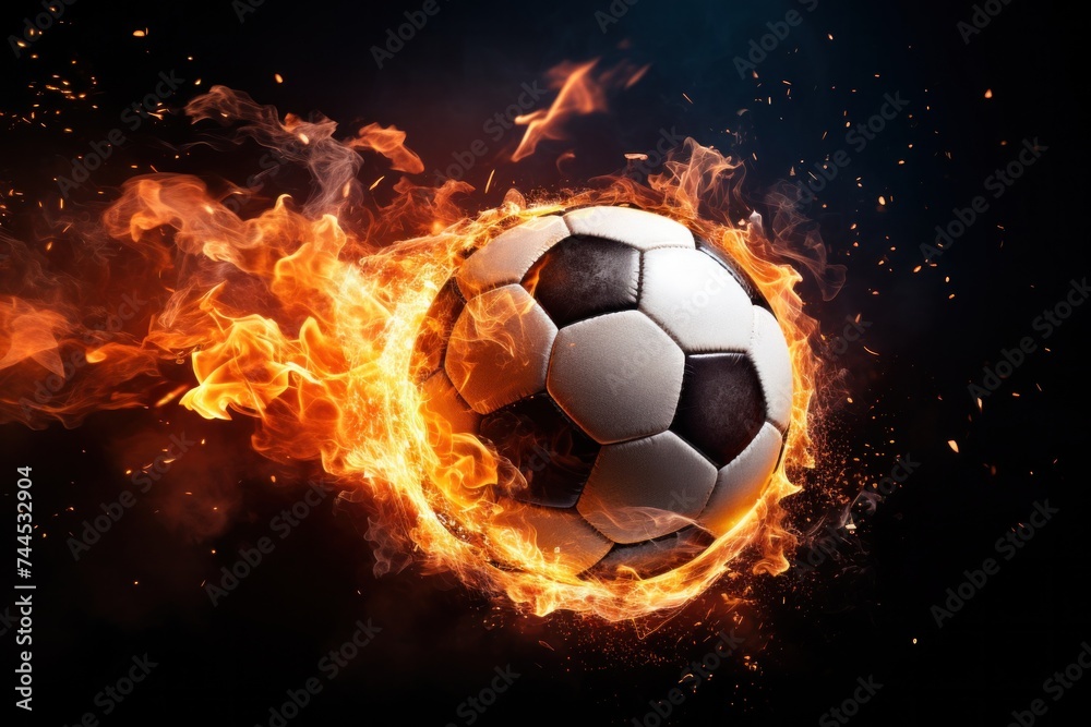 Fototapeta premium Soccer ball with dimensional fire and sparks effect, black background.