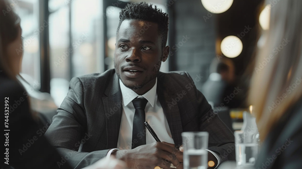 A dynamic scene of a stylish bank employee conducting a professional meeting with clients, showcasing his expertise and charisma as he discusses investment opportunities and financ A dynamic scene of a stylish bank employee conducting a professional meeting with clients, showcasing his expertise and charisma as he discusses investment opportunities and financ