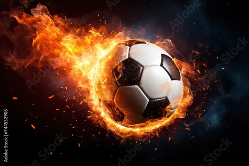 Soccer ball with dimensional fire and sparks effect, black background. © ORG