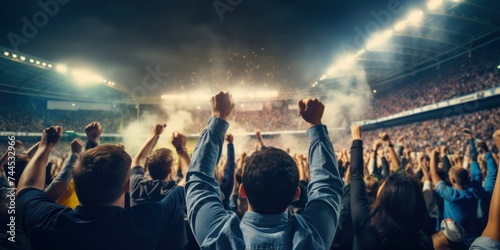 a football fans cheering favorite soccer team at crowded stadium at evening time. Winning championship. Concept of competition, leisure time, emotions, live sport event © ORG