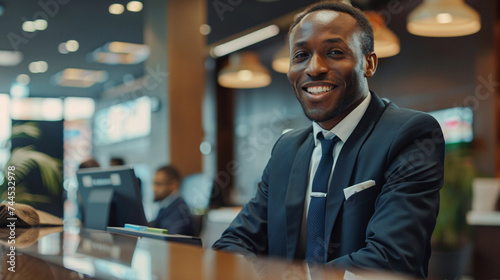 A dashing bank employee, impeccably dressed in a tailored suit, standing confidently behind the counter as he assists customers with a charming smile photo