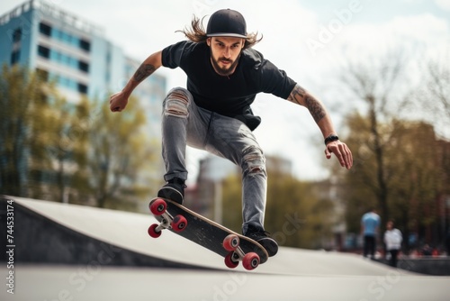 Young adult skating outdoors in the city. Stylish skateboarder training in skate park.