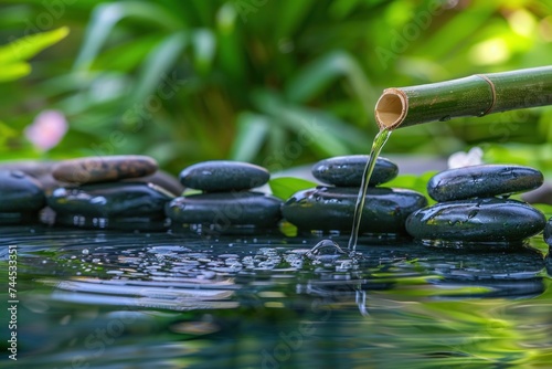Tranquil Zen Spa with Stones, Bamboo, and Leaves amidst Nature's Harmony