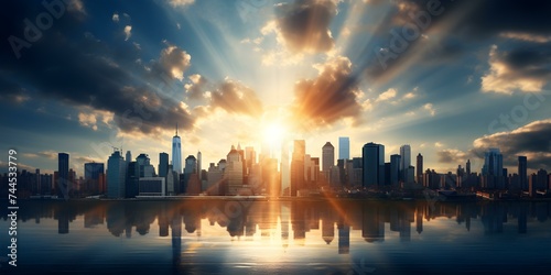 Urban skyline with modern architecture and sunbeams shining through tall buildings centered professional photo copy space. Concept Urban Skylines, Modern Architecture, Sunbeams, Tall Buildings