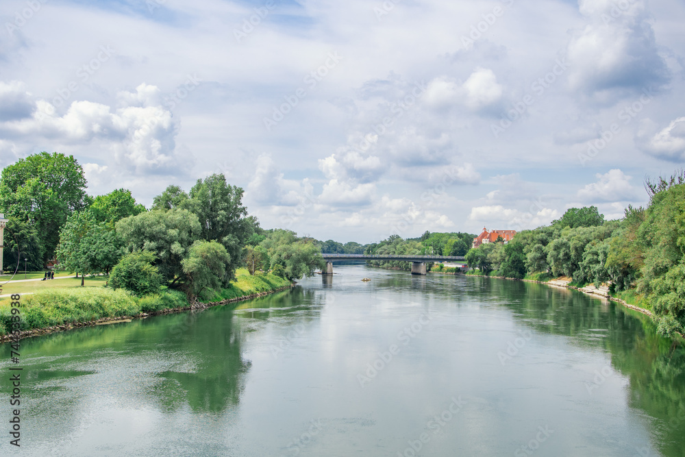 beautiful summer day in Ingolstadt, view of the Danube river in Germany	