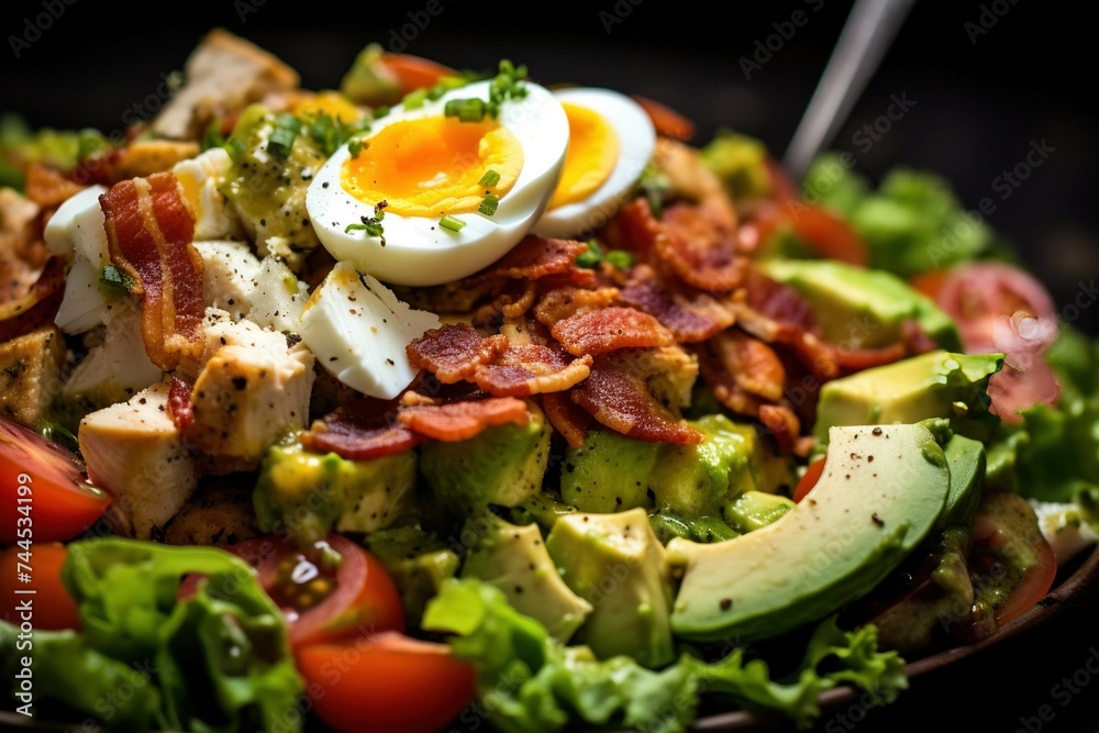 Close-up of a forkful of Cobb salad, with ingredients clearly separated but cohesive