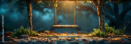 swing swaying in the breeze under a tree night background, Forest Swing  photo