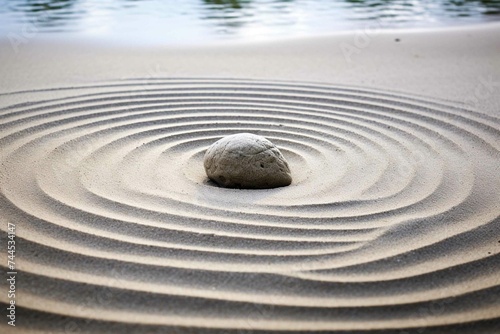 Centered Zen rock causing ripples in the surrounding sand