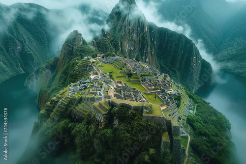 Machu Picchu Inca ancient civilization ruins in Peru, aerial view scenic picturesque