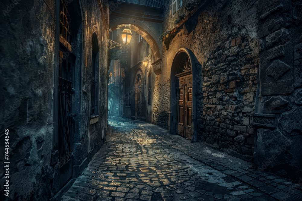 Dark and mysterious Gothic alleyway, with narrow cobblestone streets and looming shadows.
