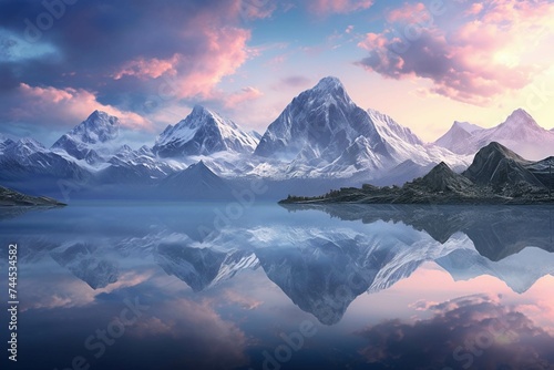 Dawn’s light reveals a mountain range mirrored perfectly in a tranquil alpine lake