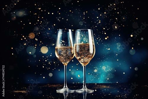 Elegant glasses brimming with champagne set against a starry evening