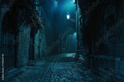 Dark and mysterious Gothic alleyway, with narrow cobblestone streets and looming shadows.