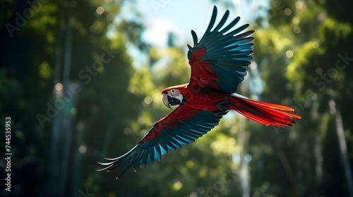 "Scarlet Macaw Soars Through Lush Amazonian Canopy: Majestic Bird in Vibrant Rainforest Habitat, Perfect for Wildlife Photography Enthusiasts and Nature Lovers Seeking Exotic Avian Adventures in South