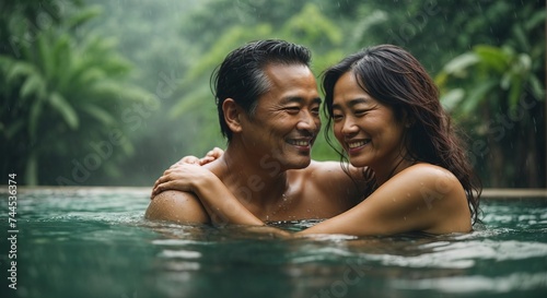 Happy smilling senior asian couple hugging enjoys swimming pool in raining jungle