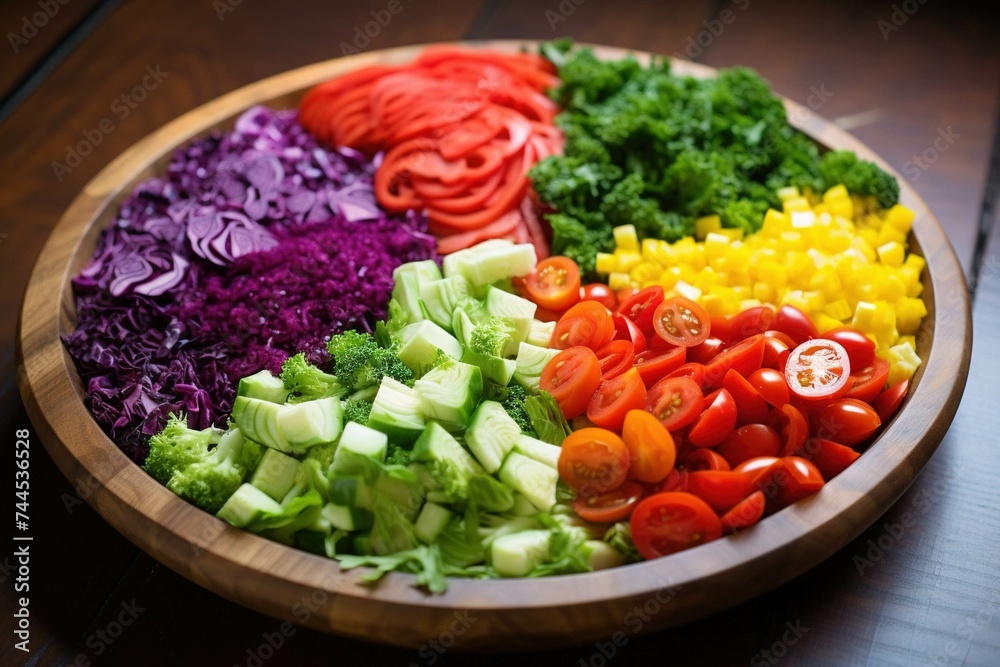 Rainbow salad of finely chopped vegetables sorted by color in a circular platter
