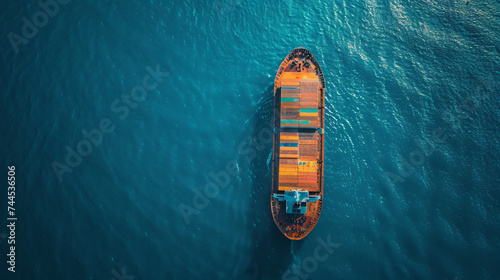 An aerial snapshot of a massive cargo ship navigating through the blue waters illustrating the scale of maritime trade. photo