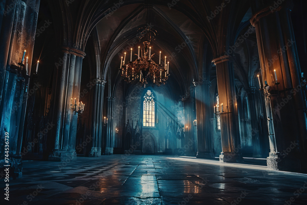 Obraz premium Dark and moody Gothic castle interior with flickering candlelight, shrouded in atmospheric shadows.