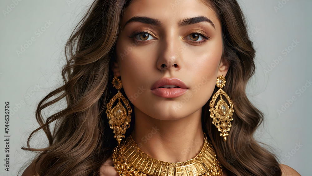 Close up portrait of a beautiful woman with wearing gold diamond ornaments jewelry. commercial photo, glamorous portrait, Generative AI

