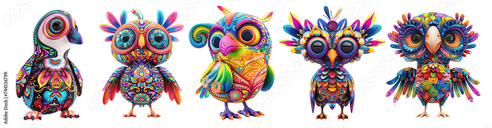 set of cartoon characters birds with beautiful patterns, penguin, owl, parrot Isolated cutout on transparent background.