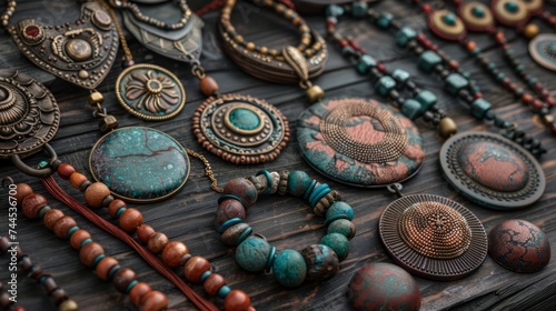Assorted Ethnic Jewelry Display on Rustic Wooden Surface