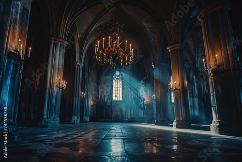 Dark and moody Gothic castle interior with flickering candlelight, shrouded in atmospheric shadows.