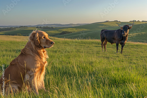 Serene Countryside Scene with Golden Retriever and Grazing Bull on a Sunny Day