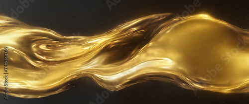 Golden, shiny liquid flowing on a black background. Golden-colored substance, metallic liquid. Abstract Wallpaper background