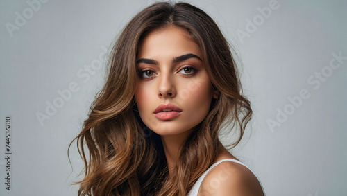 Close up portrait of a beautiful woman with glowing face. Beauty product commercial photo, glamorous portrait, Generative AI