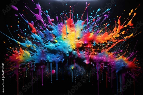 Splattered neon paint on a black canvas illuminated by UV light
