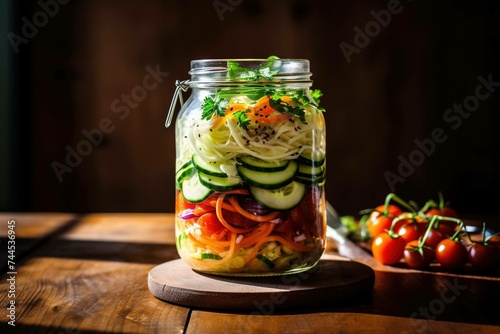 Spiralized vegetable salad in a mason jar, illuminated by soft, natural light photo