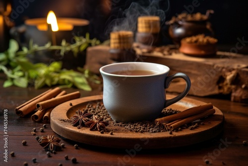 Steaming chai tea in a rustic clay mug next to a pile of assorted spices on a wooden board