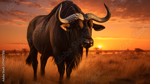 The Lone Gnu: A Captivating Silhouette Against the Vibrant Vistas of the African Grasslands