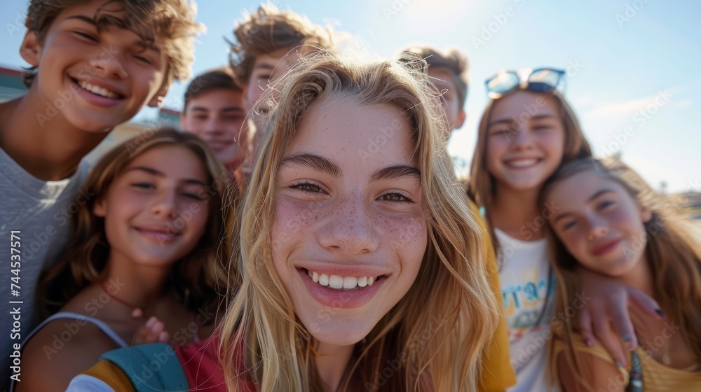 Group of Happy Teenagers Taking a Selfie on a Sunny Day Group of Happy Teenagers Taking a Selfie on a Sunny Day
