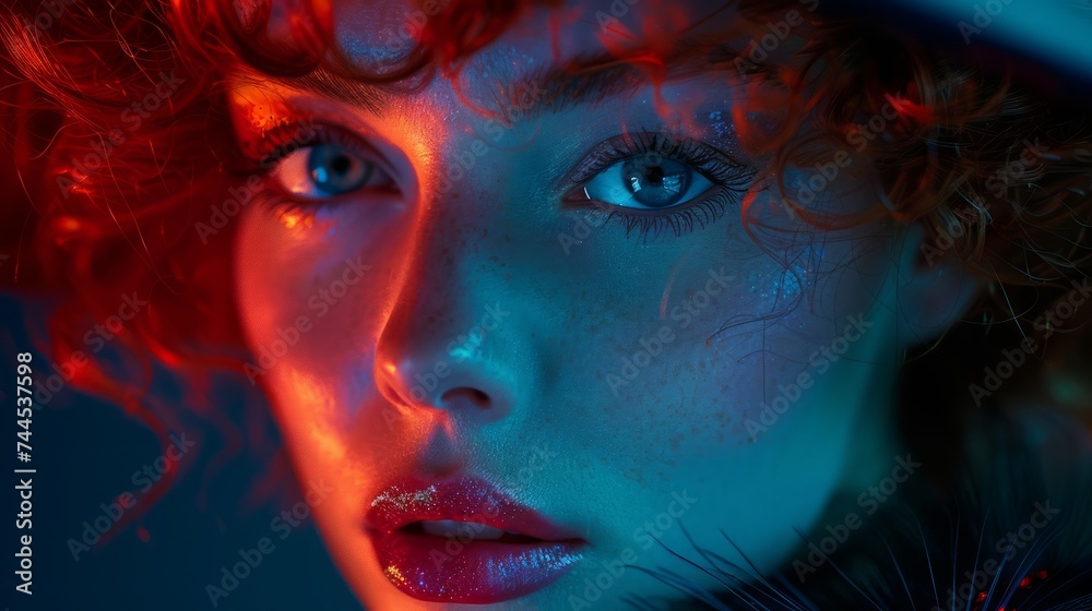 Intense Portrait of a Woman with Vivid Red and Blue Lighting Intense Portrait of a Woman with Vivid Red and Blue Lighting