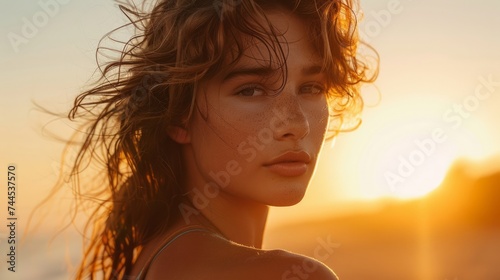 Golden Hour Portrait of a Young Woman with Windblown Hair © pisan