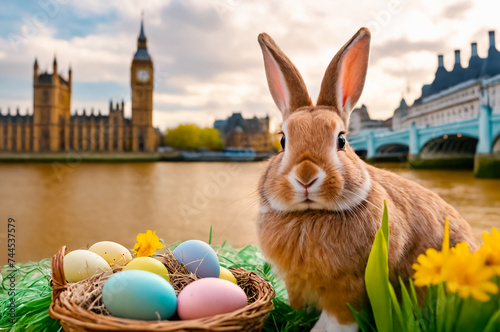 A cute rabbit is sitting next to a basket with colorful eggs. Easter in different cities of the world. london