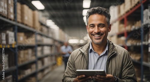 Laughing western salesman in warehouse standing checking supplies on his tablet