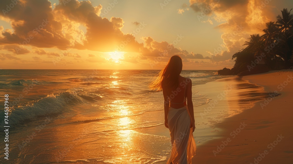 Tranquil Beach Sunset with Woman Walking Along the Shoreline Tranquil Beach Sunset with Woman Walking Along the Shoreline