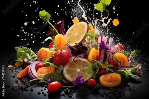 A salad of root vegetables with splashes of colorful dressing frozen mid-air